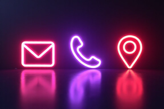 Neon style contact icons: email, phone, and map pin