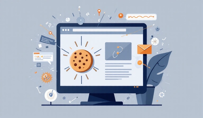 Illustration of a cookie being deposited into a web browser representing data storage.