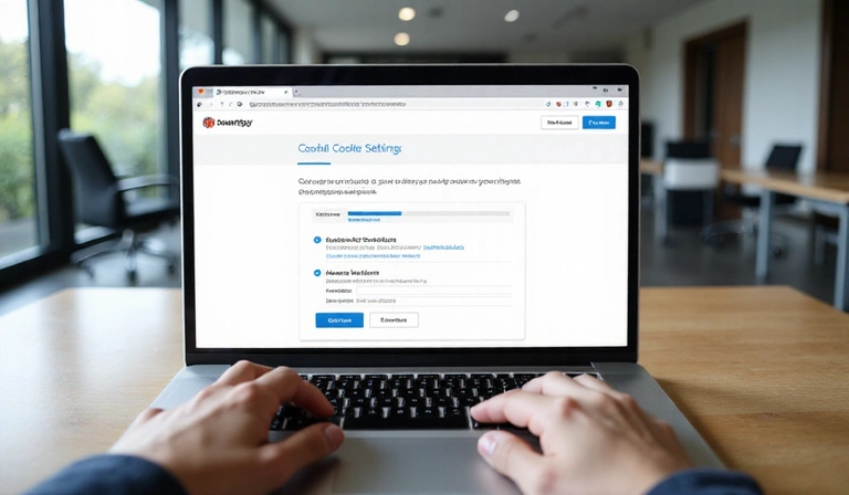 Illustration of a person managing cookie settings on a computer screen.