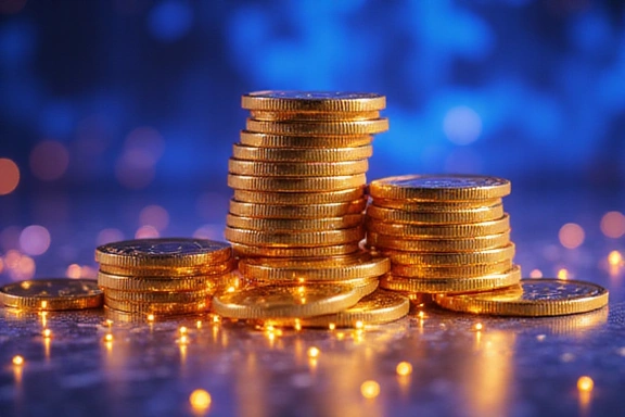 Gleaming virtual gold coins stacked on an abstract, glowing blue and purple background, symbolizing wealth and digital currency.