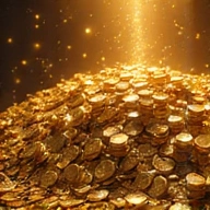 Large, overflowing pile of gold coins with intense golden light, representing a mega virtual currency pack.